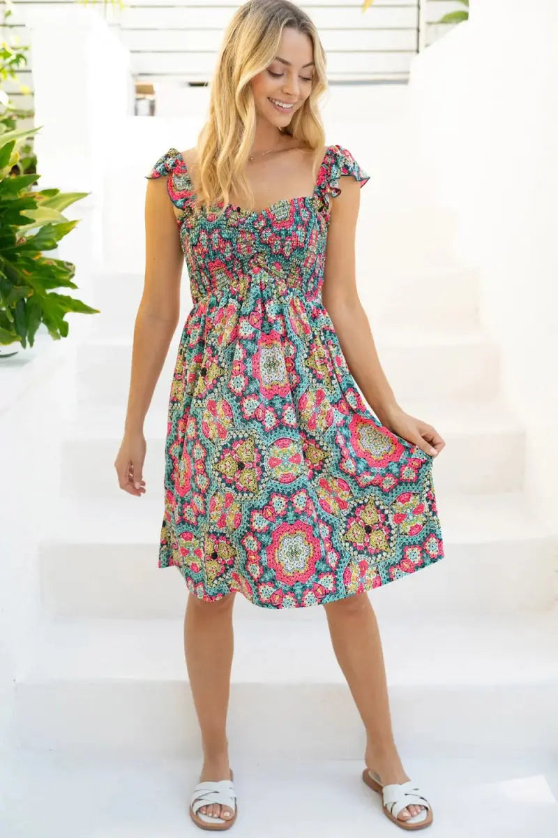 White Birch Printed Smocked Sleeveless Dress for Women - Love Salve